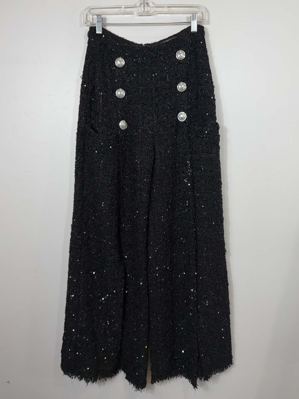 Balmain Paris Black Tweed Sequin Wide Leg Pants High Slit Sailor Button Fringe